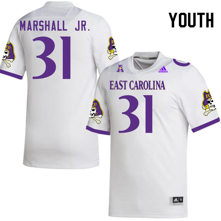 Youth #31 Fletcher Marshall Jr. ECU Pirates 2023 College Football Jerseys Stitched-White - Click Image to Close
